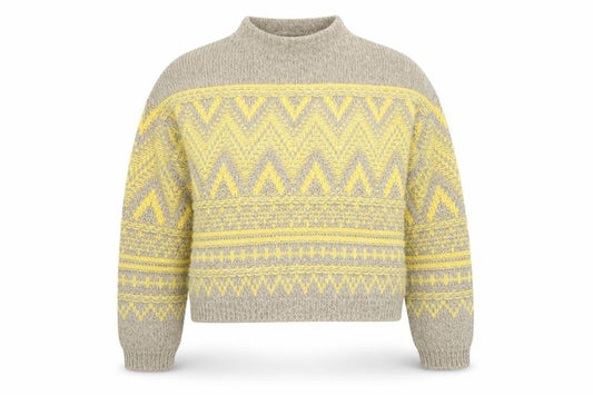 Front view of Oui Women’s Beige Yellow Mock Neck Wool Blend Geometric Jumper, size UK 6
