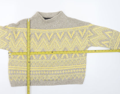 Oui Women’s Beige Yellow Mock Neck Wool Blend Geometric Jumper Size 6