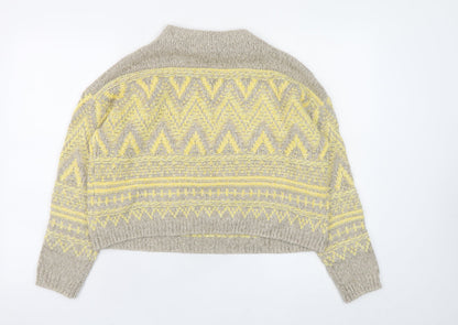 Oui Women’s Beige Yellow Mock Neck Wool Blend Geometric Jumper Size 6