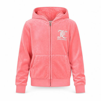 Front view of Juicy Couture girls’ pink velour full zip hoodie, size 8-9, years