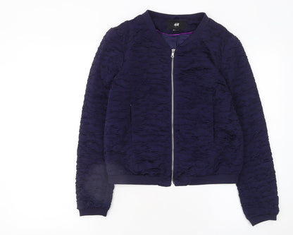 H&M Women Blue Bomber Jacket Size 10 Zip Front Lined Casual