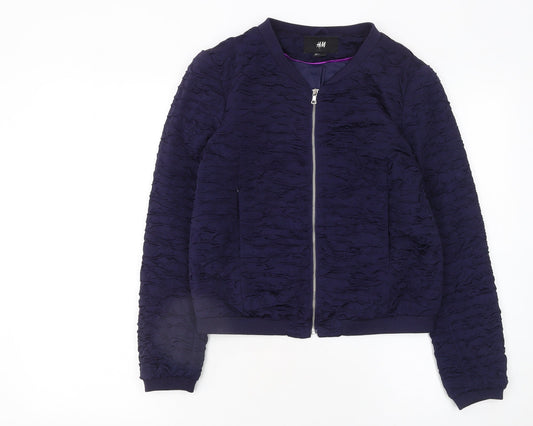 H&M Women Blue Bomber Jacket Size 10 Zip Front Lined Casual