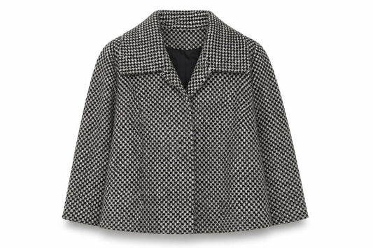 Front view of Evie Women’s Brown Houndstooth Tweed Suit Jacket, size UK 16