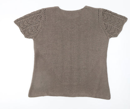 Afibel Women’s Brown Crochet Knit Short Sleeve Pullover Jumper Size 16