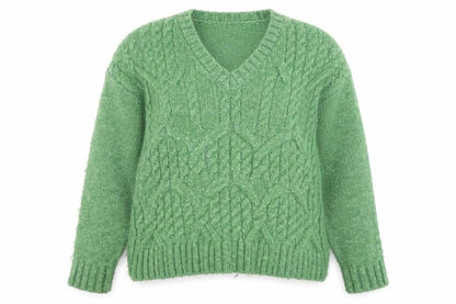 Marks and Spencer Womens Green Cable Knit V-Neck Pullover Jumper Size S