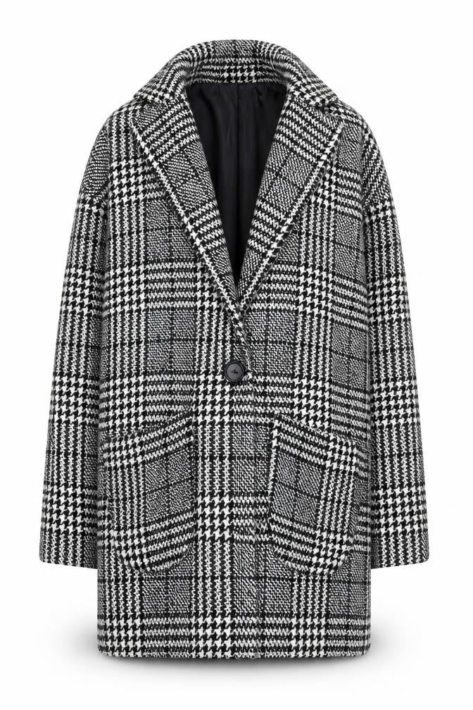 ONLY Women's Black Check Tweed Overcoat Size S Classic Mid-Length Coat