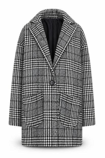 ONLY Women's Black Check Tweed Overcoat Size S Classic Mid-Length Coat
