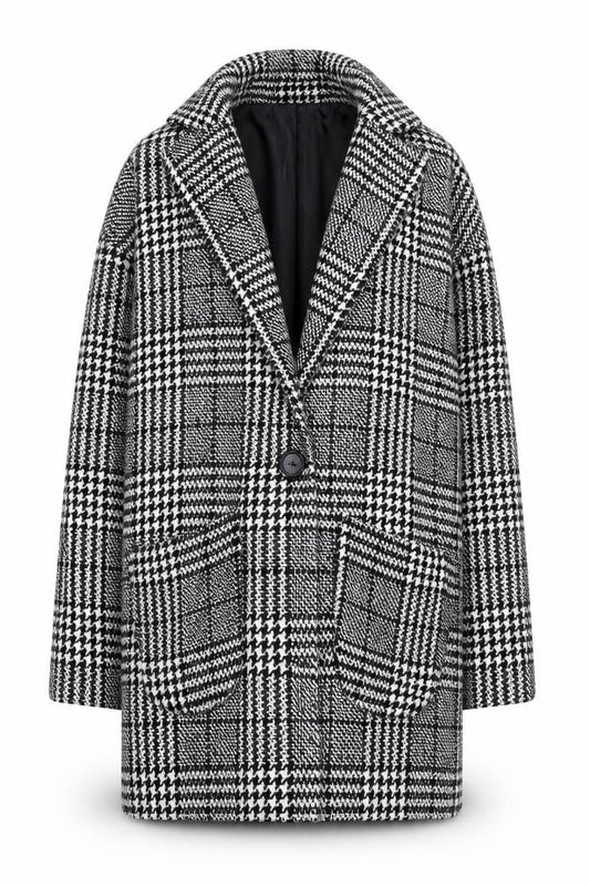 ONLY Women's Black Check Tweed Overcoat Size S Classic Mid-Length Coat