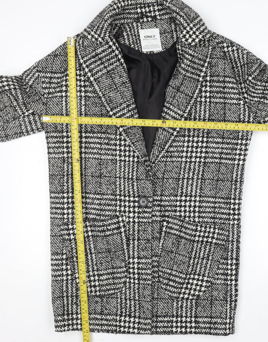 ONLY Women's Black Check Tweed Overcoat Size S Classic Mid-Length Coat