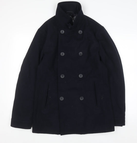 French Connection Men's Black Wool Pea Coat Jacket Size S Winter Smart