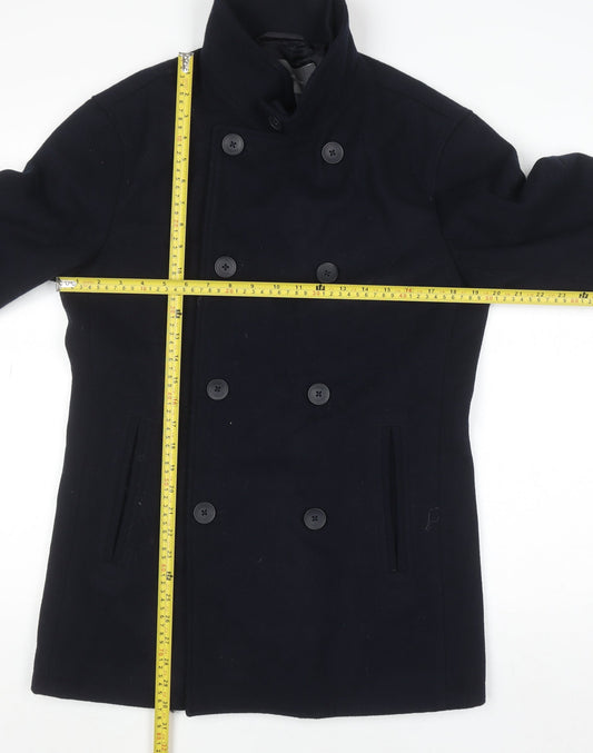 French Connection Men's Black Wool Pea Coat Jacket Size S Winter Smart