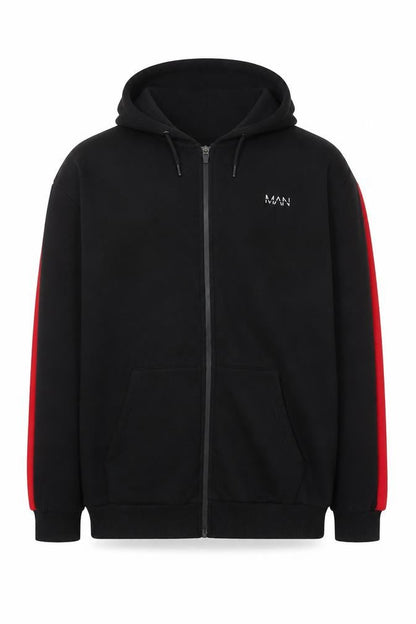 Front view of boohooMAN Men's Black Full Zip Hoodie, size M, with Red Stripe Detail