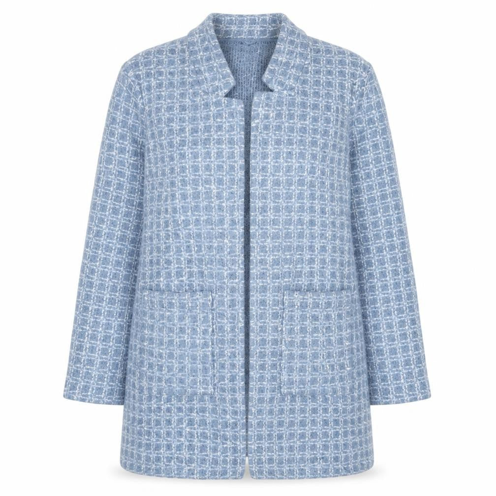 M&Co Women Blue Check Knit Coatigan Size 16 Open Mid-Length Jacket