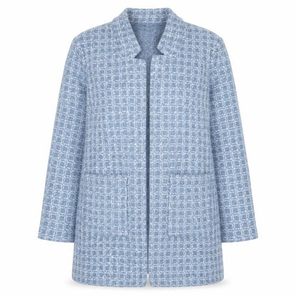 M&Co Women Blue Check Knit Coatigan Size 16 Open Mid-Length Jacket