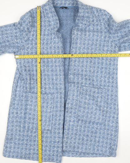 M&Co Women Blue Check Knit Coatigan Size 16 Open Mid-Length Jacket