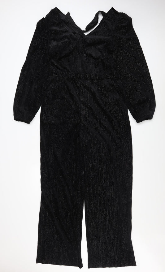 Sosandar Women's Black Velvet Shimmer Wide-Leg Jumpsuit Size 12R