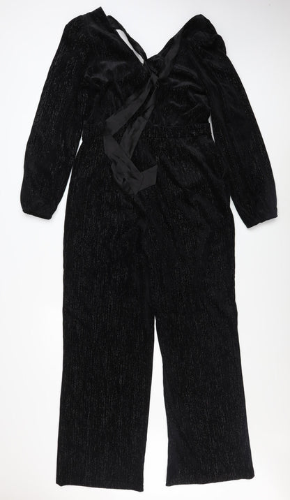Sosandar Women's Black Velvet Shimmer Wide-Leg Jumpsuit Size 12R