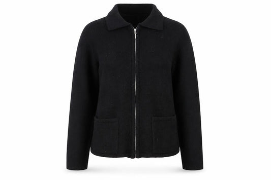 Front view of Kaliko women’s black wool blend zip jacket, size UK 12, classic knit