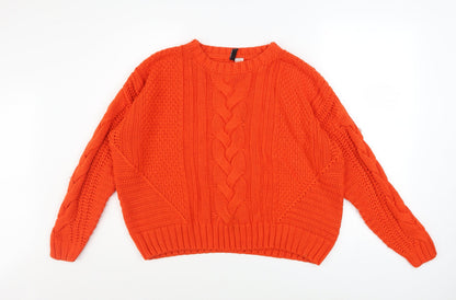 H&M Women Orange Cable-Knit Crew Neck Pullover Jumper Size 12