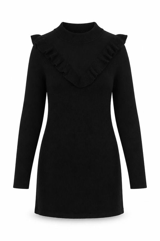 Front view of Miss Selfridge Petites Black Bodycon Ruffle Knit Dress, size 12