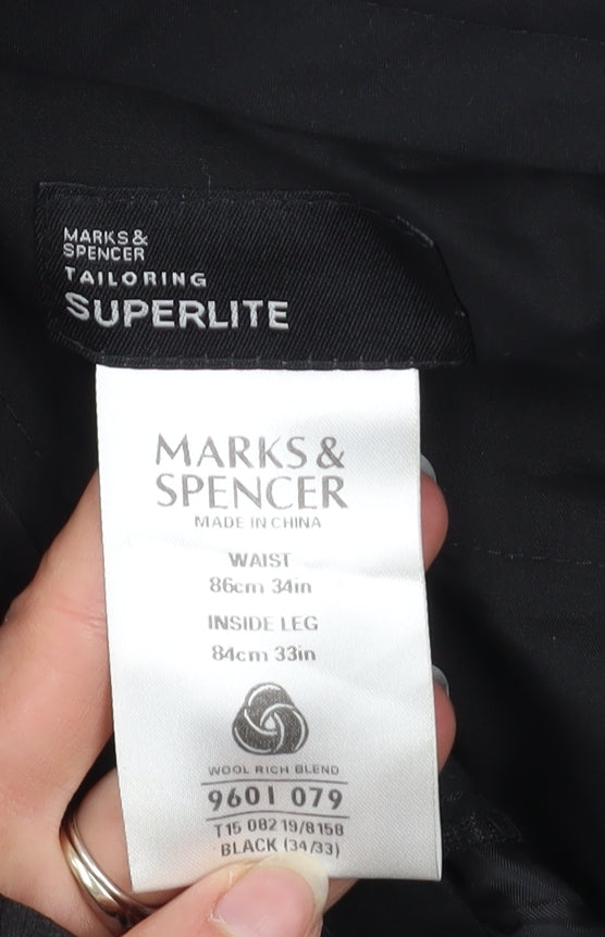 Marks and Spencer Men’s Black Wool Blend Dress Pants 34W 33L Regular Fit