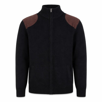 Valorwang Men's Black Knit Full Zip Jacket M with Brown Patches