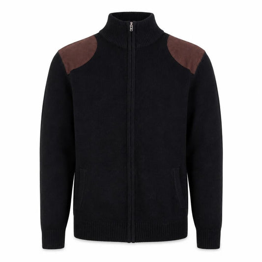 Valorwang Men's Black Knit Full Zip Jacket M with Brown Patches