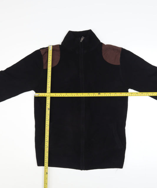 Valorwang Men's Black Knit Full Zip Jacket M with Brown Patches