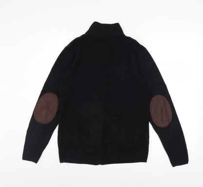Valorwang Men's Black Knit Full Zip Jacket M with Brown Patches