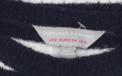 Dorothy Perkins Women's Blue Striped Crew Neck Knit Jumper Size 6