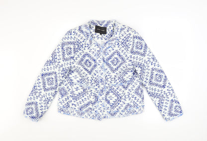 River Island Women Blue Geometric Tweed Fringe Jacket Size 8