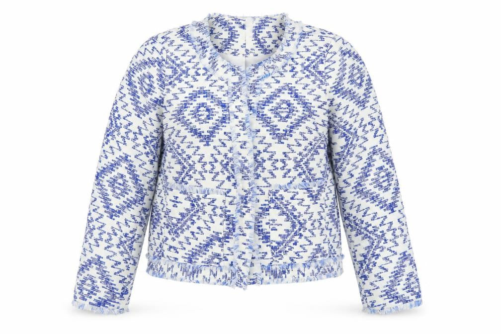 River Island Women Blue Geometric Tweed Fringe Jacket Size 8