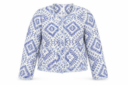 River Island Women Blue Geometric Tweed Fringe Jacket Size 8