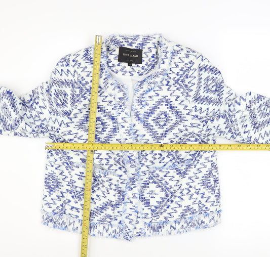 River Island Women Blue Geometric Tweed Fringe Jacket Size 8