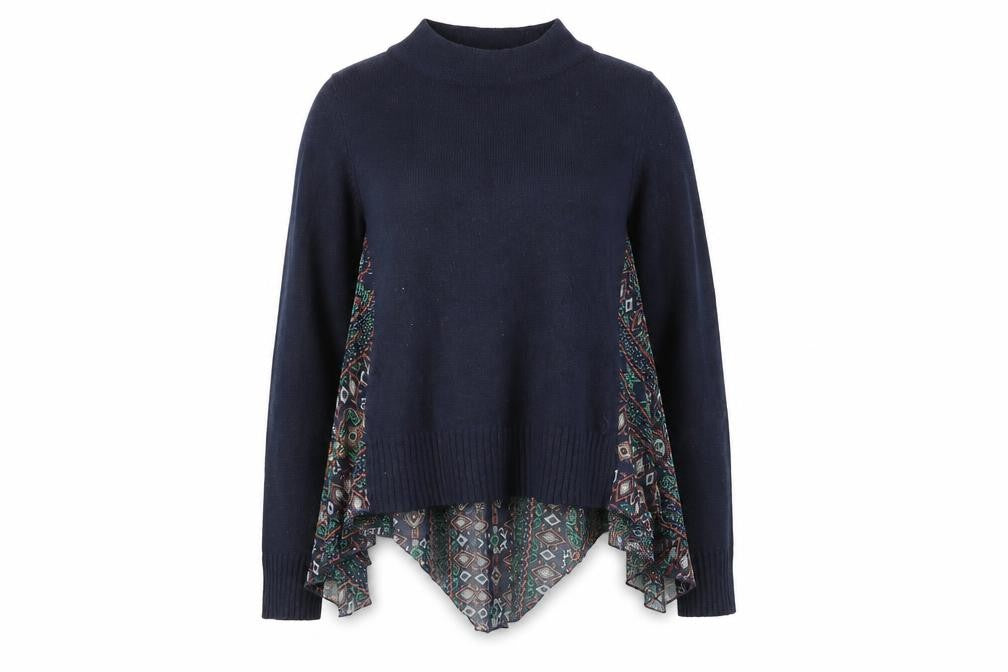 MOTH Womens Blue Mock Neck Geometric Panel Pullover Jumper Size S