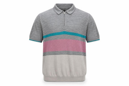 Tu Men's Grey Multicoloured Striped Short Sleeve Knit Polo Shirt M