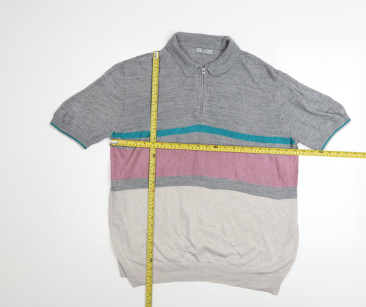 Tu Men's Grey Multicoloured Striped Short Sleeve Knit Polo Shirt M