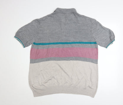 Tu Men's Grey Multicoloured Striped Short Sleeve Knit Polo Shirt M