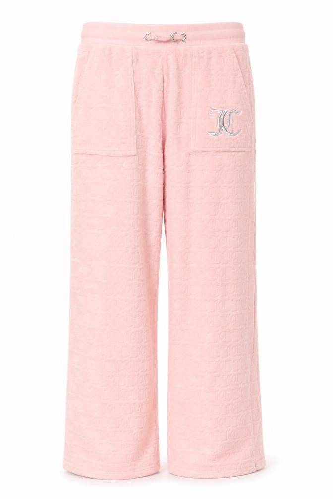 Front view of Juicy Couture girls’ pink velour sweatpants 10-11 years elastic waist