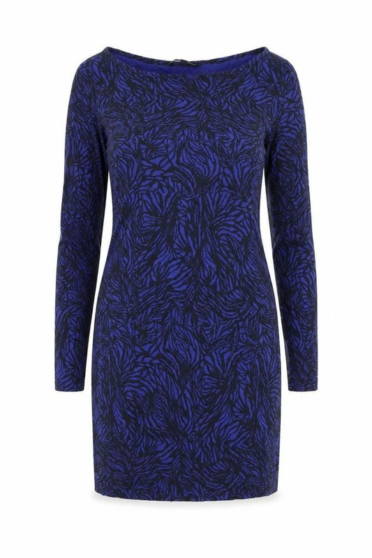 Front view of French Connection Women's Blue Animal Print Bodycon Dress, size S