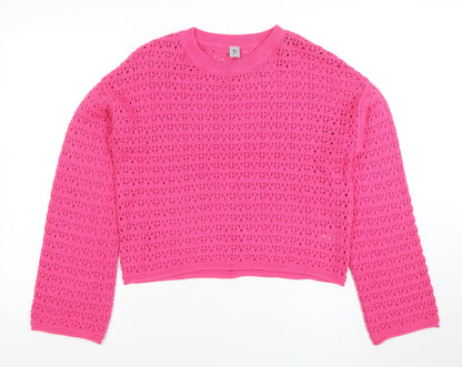 Tu Girls Pink Crochet Knit Jumper 13 Years Cotton Acrylic Crew Neck