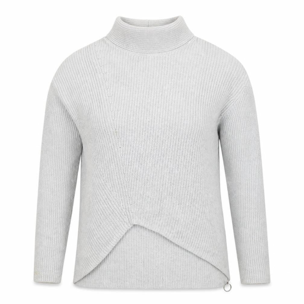 Front view of Oui Women’s Grey High Neck Cotton Knit Zip Jumper, size S