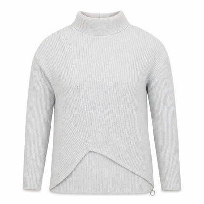 Front view of Oui Women’s Grey High Neck Cotton Knit Zip Jumper, size S