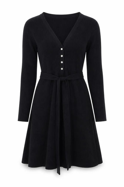 Front view of ASOS Women’s Black Fit & Flare Knit Button Long Sleeve Dress UK 10