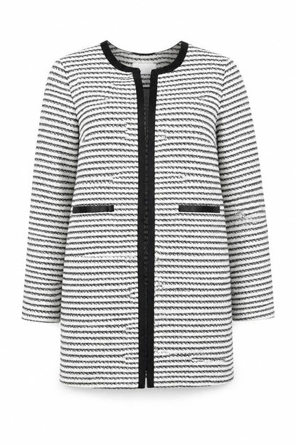 Marks & Spencer Women Black White Striped Mid-Length Coat Size 8