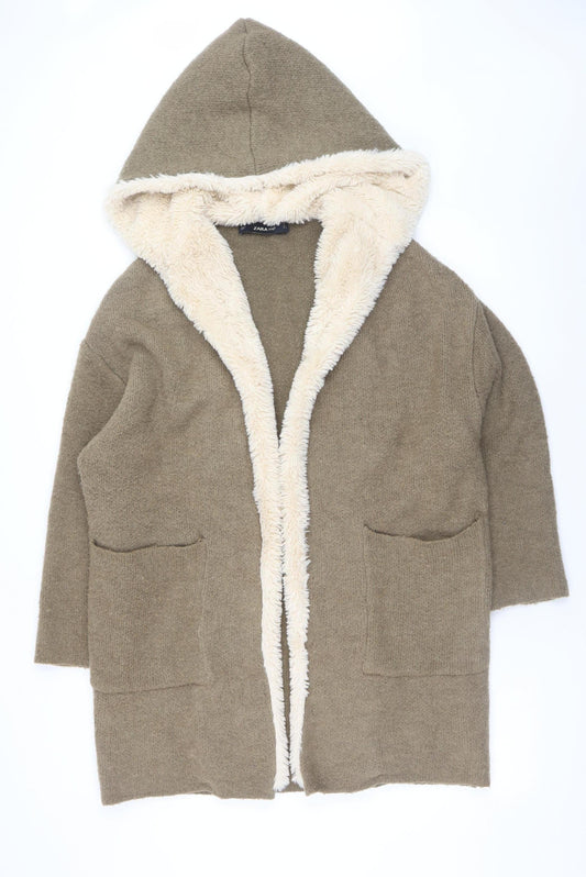 Zara Women Brown Hooded Knit Cardigan Size 12 Faux Fur Trim