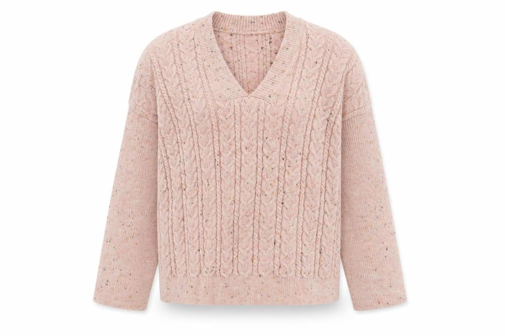 b.young Women’s Pink Cable-Knit Wool Blend V-Neck Jumper Size S