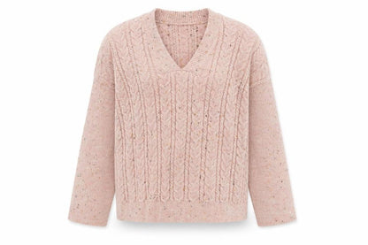 b.young Women’s Pink Cable-Knit Wool Blend V-Neck Jumper Size S