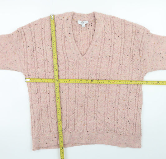 b.young Women’s Pink Cable-Knit Wool Blend V-Neck Jumper Size S