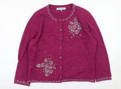 Dickins & Jones Women’s Purple Beaded Floral Cardigan L Cotton Cashmere
